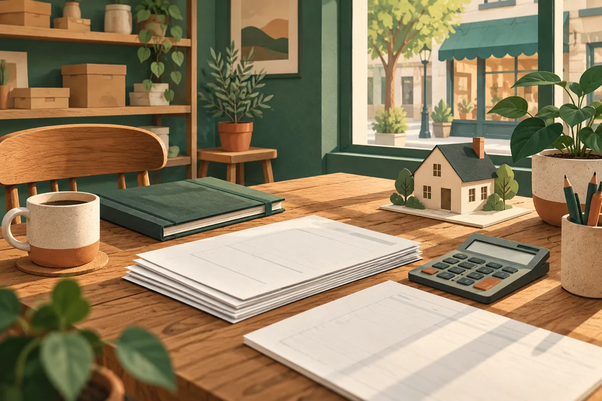 Illustration of a business workspace with planning papers, a ledger and a model home