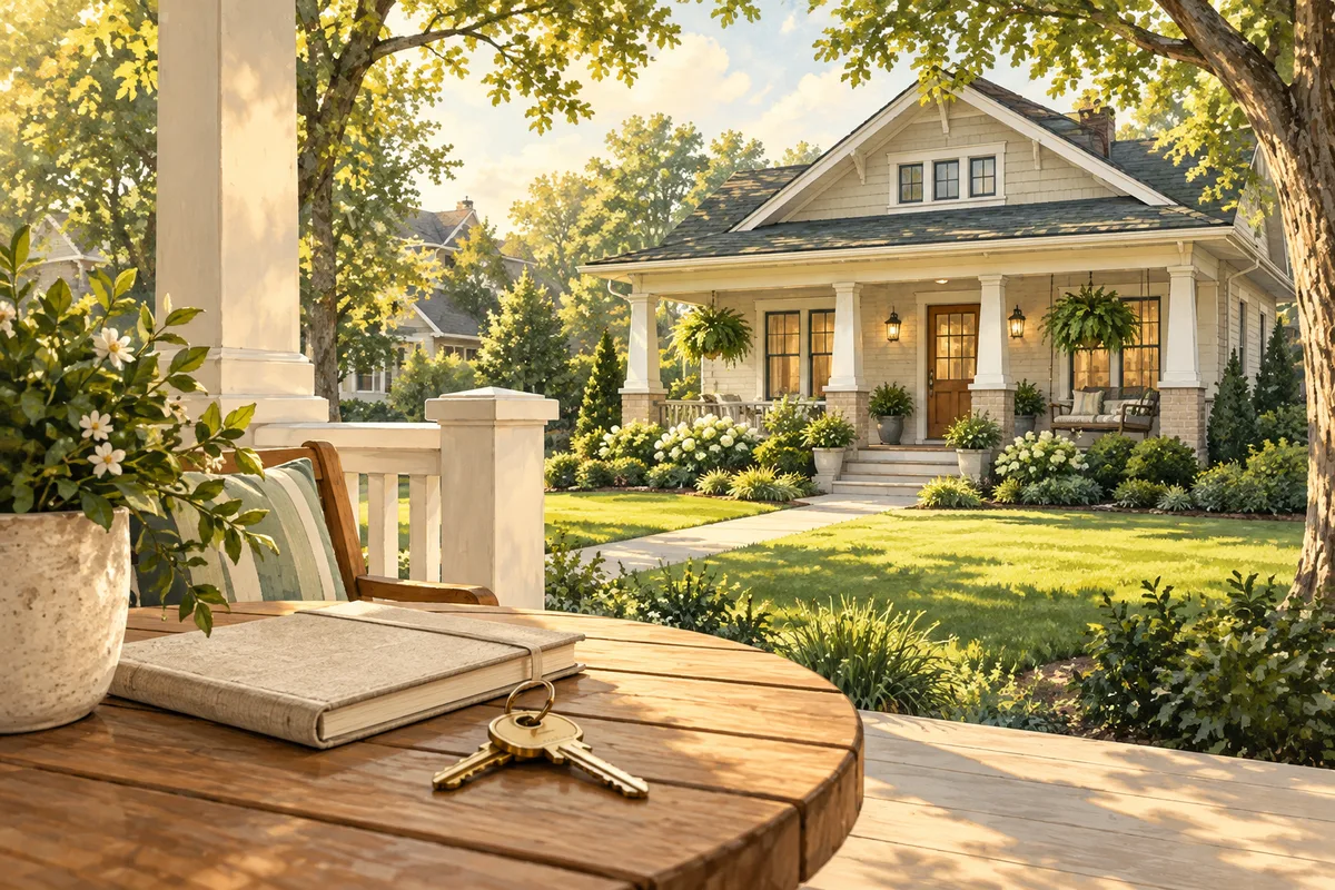 Illustration of a Tennessee-style bungalow with a porch, house keys and a planning notebook