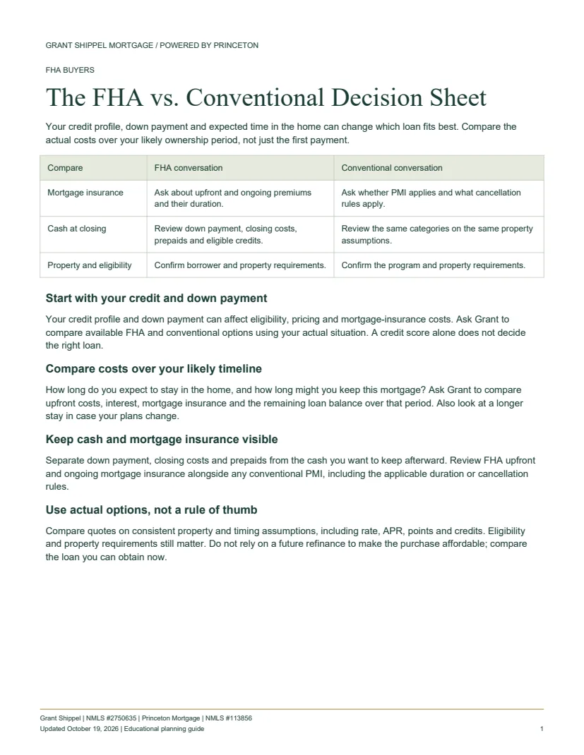 First page of The FHA vs. Conventional Decision Sheet, with a comparison table and preparation notes.