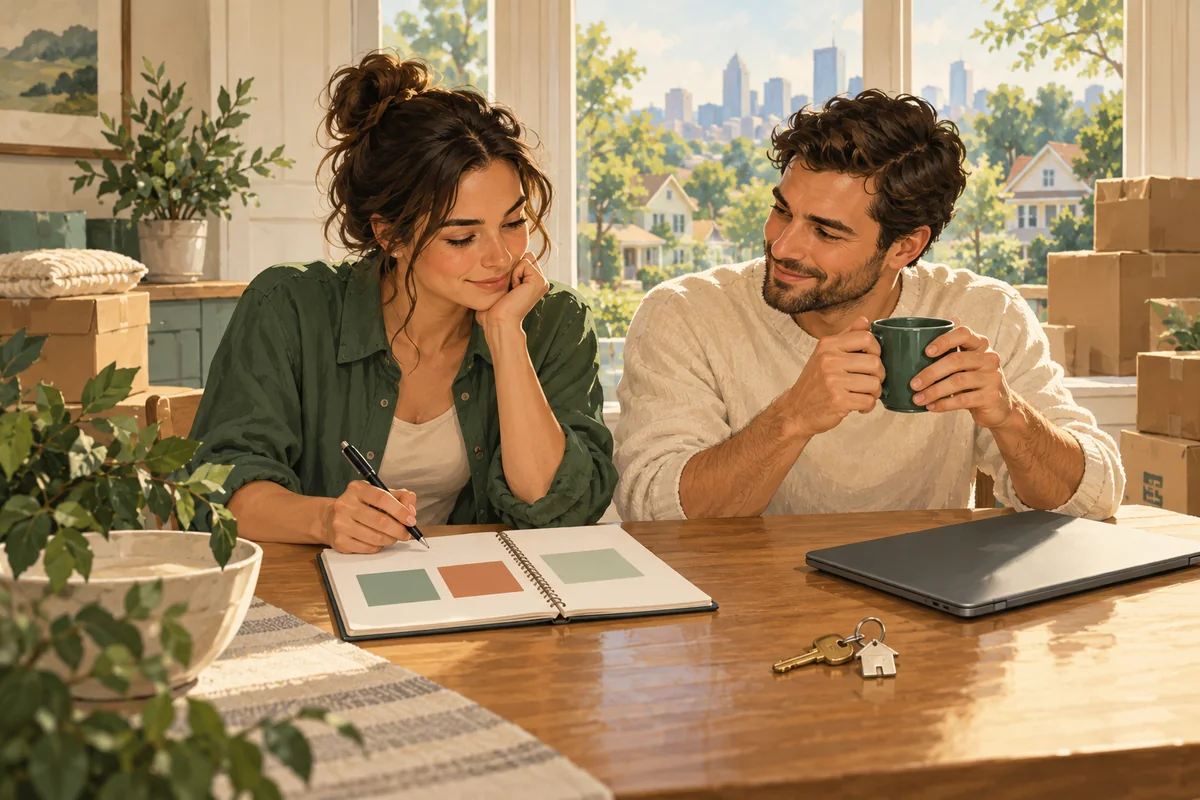 Editorial illustration of two adults planning move dates at a table with a notebook, laptop and house keys.