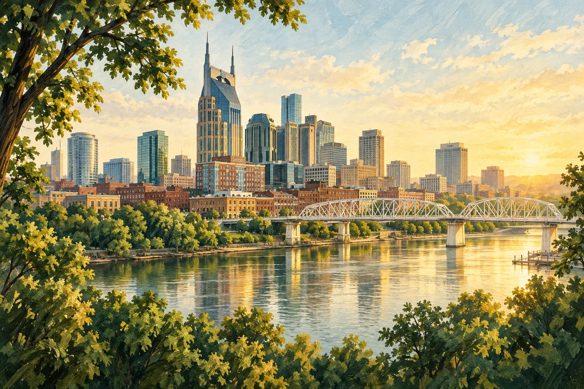 Illustration of the Nashville skyline and pedestrian bridge across the Cumberland River